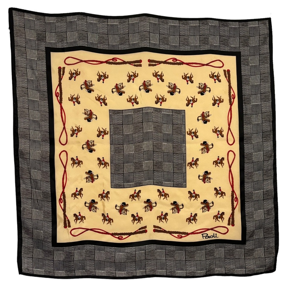 Paoli Signed Scarf equestrian horses lasso Approx 26.5” Square black white tan